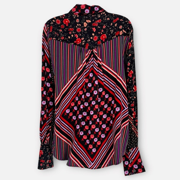 FREE PEOPLE Hazel Button Down Top size M Boho Floral Colorful Hippie - Picture 8 of 11